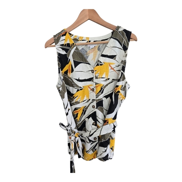Liz Claiborne Linen Blend Floral Shirt Women Sz M Sleeveless Button Up Belted - Picture 1 of 9